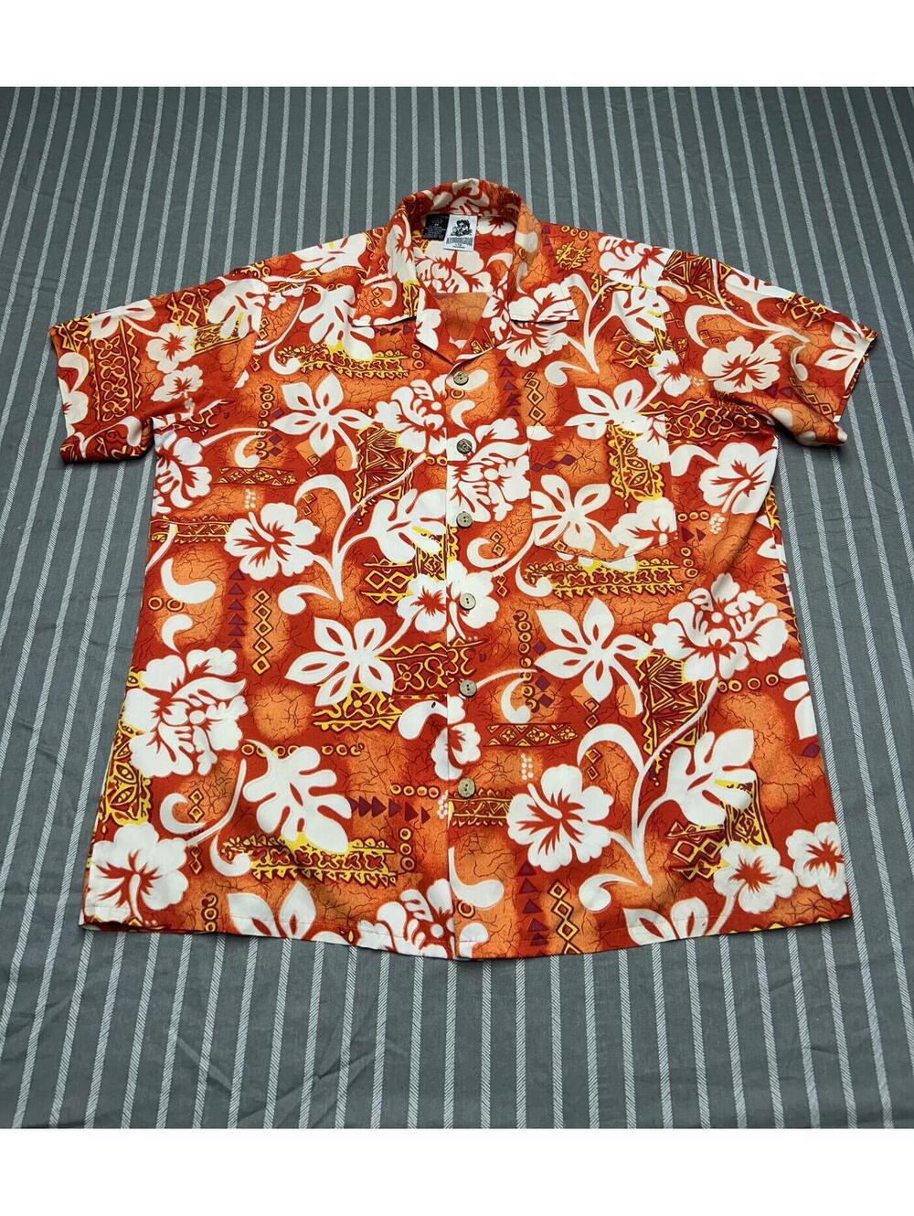 Kennington Hawaiian Shirt Mens Size MediumOrange State Flower Hibiscus Polyester